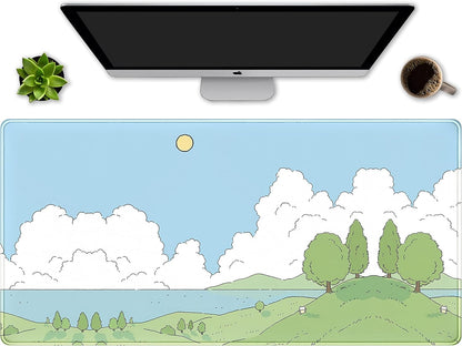 Cute Anime Desk Mat Kawaii Mousepad, Anime Street Aesthetics Desk Pad XXL, Japanese/Korean Lo-fi Drawing, Cute Green Blue Nature Mouse Pad Computer Keyboard Mat, Office Desk Pad Protector