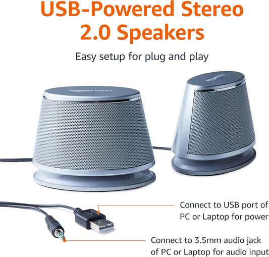 Amazon Basics Stereo 2.0 Speakers for PC or Laptop with Volume Control, 3.5mm Aux input, USB-Powered, 1 Pair, Silver