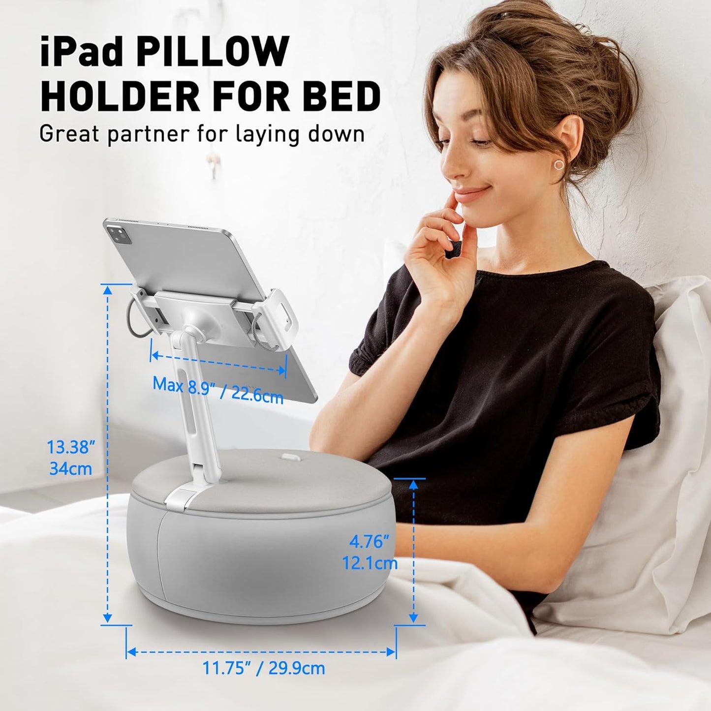 AboveTEK Tablet Pillow Stand Holder for Bed – Ideal Gift for Mom, Hands-Free 360° Swivel iPad/Kindle Pillow Stand for Wife, Grandma – Soft Bean Bag Lap Tablet Holder for 4.7"-12.9" Devices (Grey)