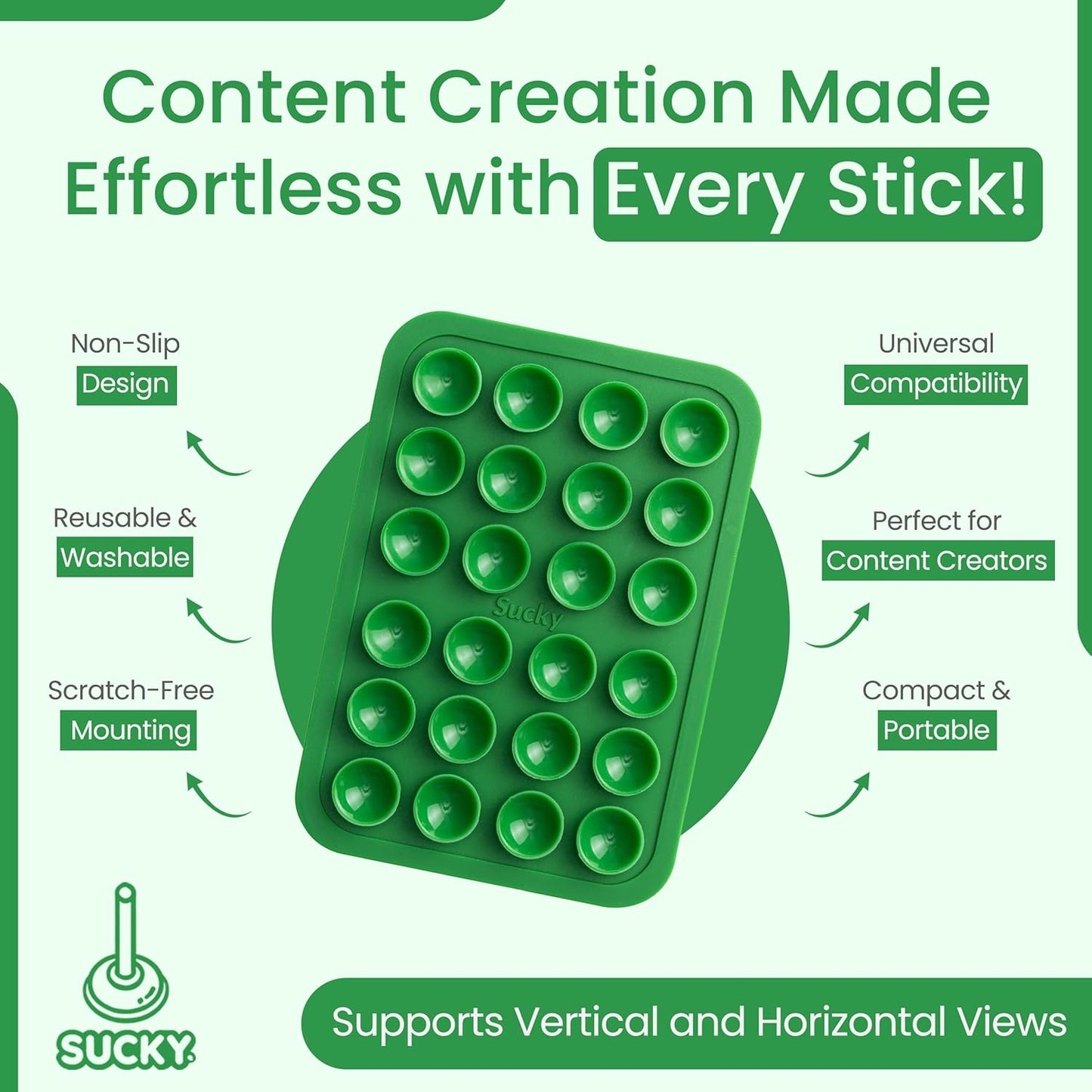 SUCKY Silicone Suction Phone Case Adhesive Mount - Anti-Slip Holder, Hands-Free Fidget Toy, Phone Accessory for iPhone and Android - Sticky Grip for Selfies, Videos, and Tiktok - Pine Green