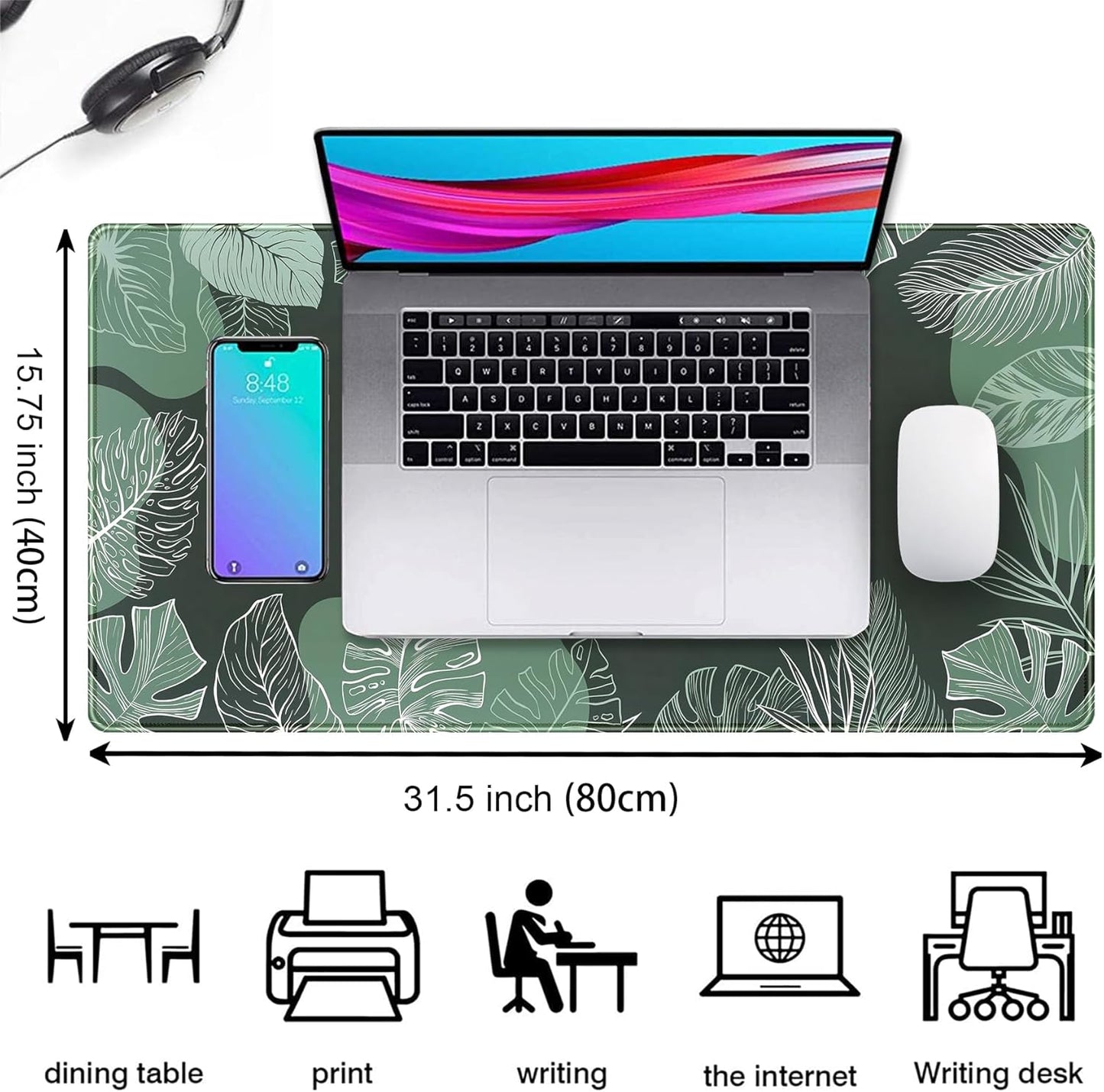 Green Plants Desk Mat Tropical Leaves Mouse Pad Cute, Large Extendded Gaming Deskmat, XXL Laptop Keyboard Mouse Mat Desktop Matt Women Office Desk Accessories Mousepad Desk Cover Mat, 31.5"x15.75"