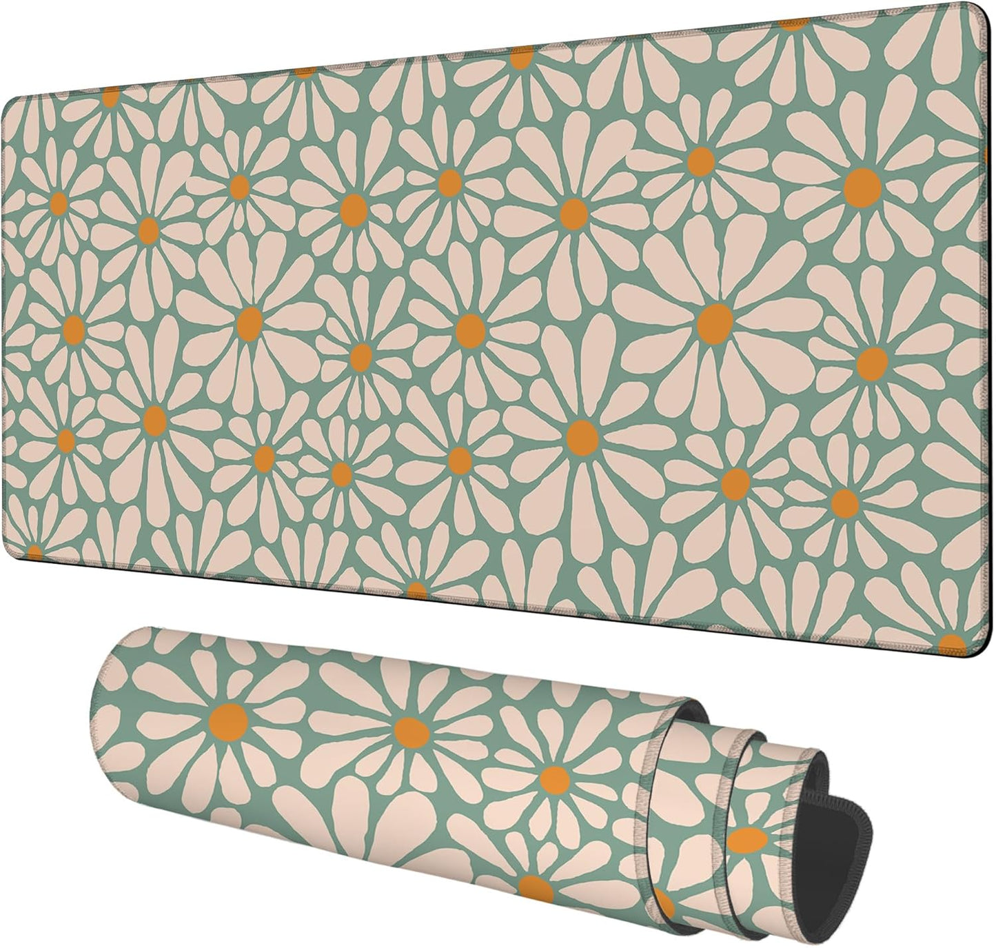 Retro Daisy Flowers Gaming Mouse Pad 3mm Thick Stitched Edge Waterproof Non-Slip Large Computer Keyboard Mouse Mat,Suitable for Office Entertainment Decorative Desk Pad 35.4 x 15.7 Inches