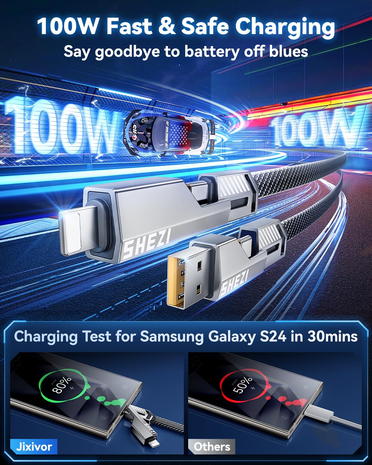 [One is Enough] 4-in-1 Compatible with USB C to Lightning Cable, 100W High-Speed Charging & Fast Data Transfer,CarPlay & Android Auto Support Multi Charger Cord Combo for iPhone/Samsung/iPad,5FT