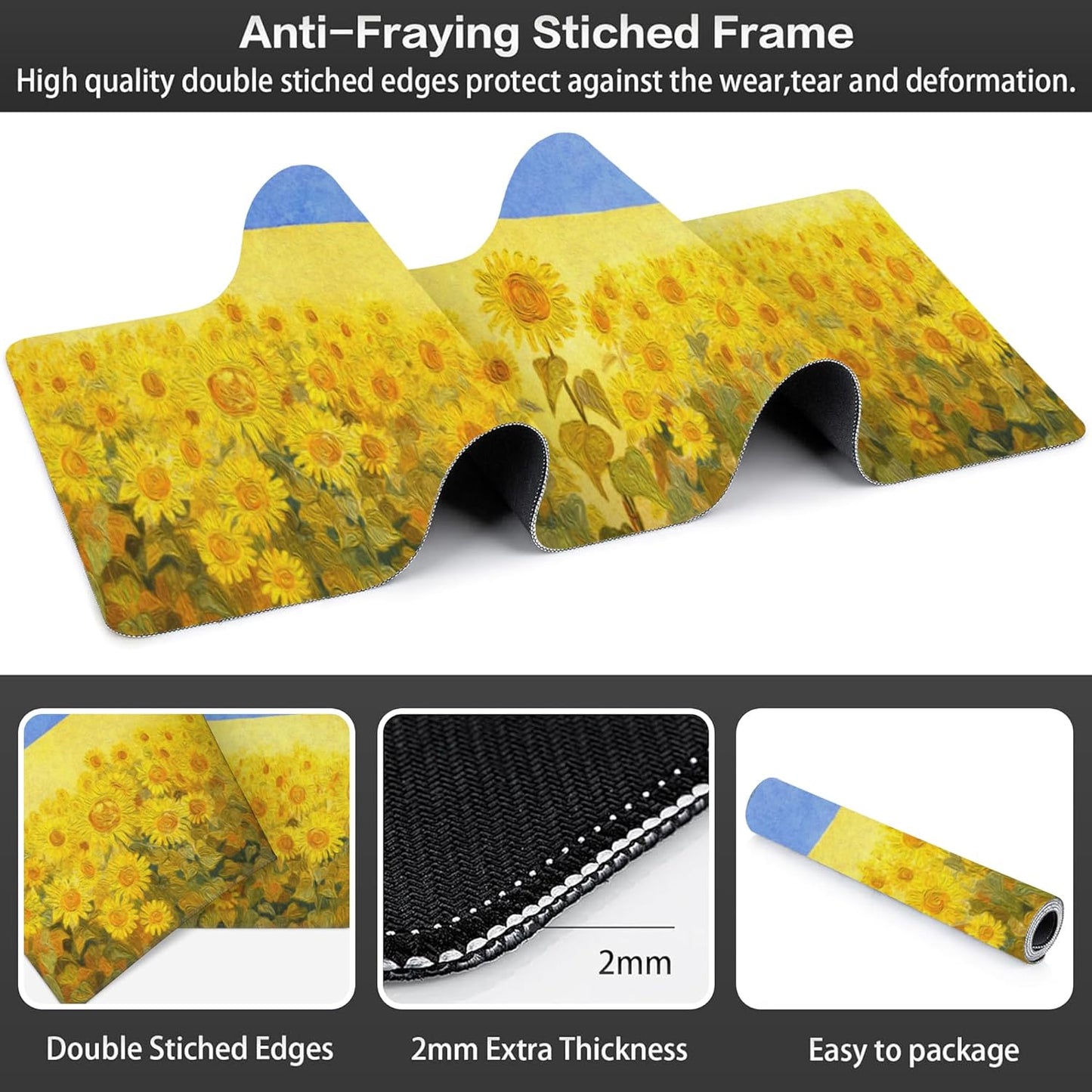 Field of Sunflowers Desk Mat,Large Sunflower Oil Painting Gaming Keyboard Mouse Pad,Non-Slip Rubber Base Desk Pad Thick Stitched Edges Waterproof Mousepad Mouse Mat 31.5"x11.8"