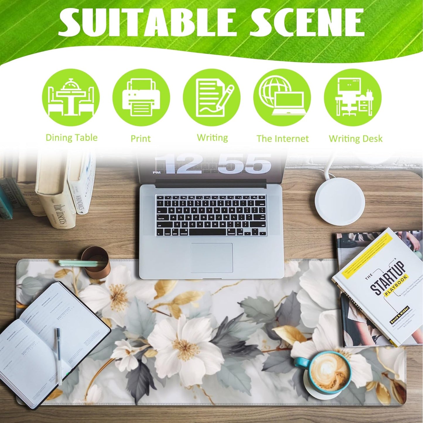 Desk Mat,White Gold Marble Desk Pad,White Flowers Golden Leaves Large Gaming Mouse Pad for Desk,Extended Big Computer Keyboard Mouse Pad with Non-Slip Base and Stitched Edge,31.5"x11.8"