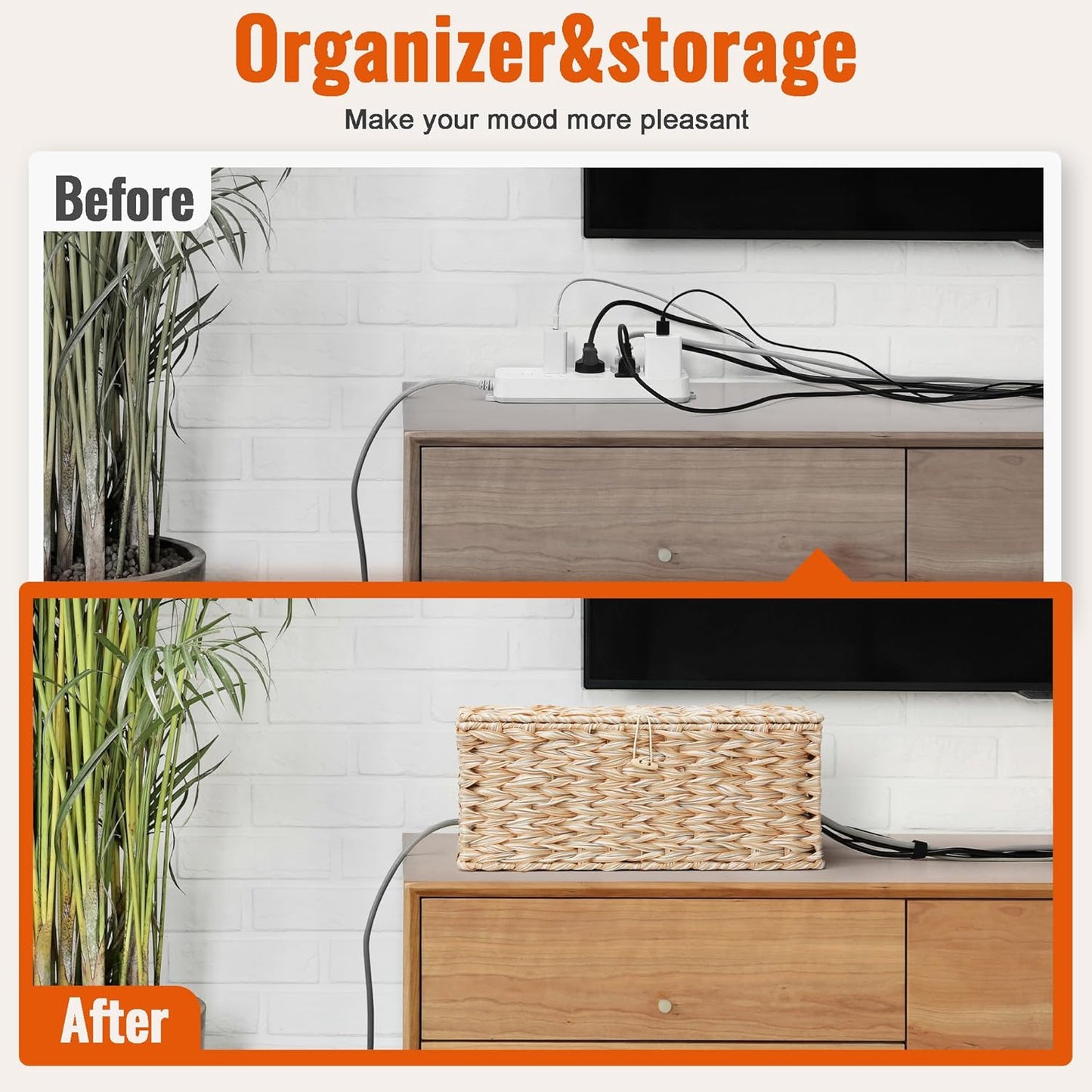 Posprica Cable Management Box with Lid, 2 Pack Handwoven Faux Ratten Cord Hider Organizer Boxes, 2 Side Open Slots Storage Box to Hide Cords and Power Strip for Desk, Floor, Office