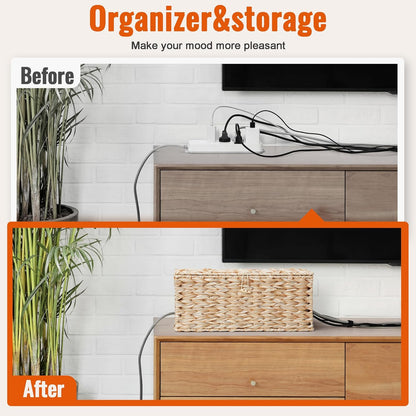 Posprica Cable Management Box with Lid, 2 Pack Handwoven Faux Ratten Cord Hider Organizer Boxes, 2 Side Open Slots Storage Box to Hide Cords and Power Strip for Desk, Floor, Office