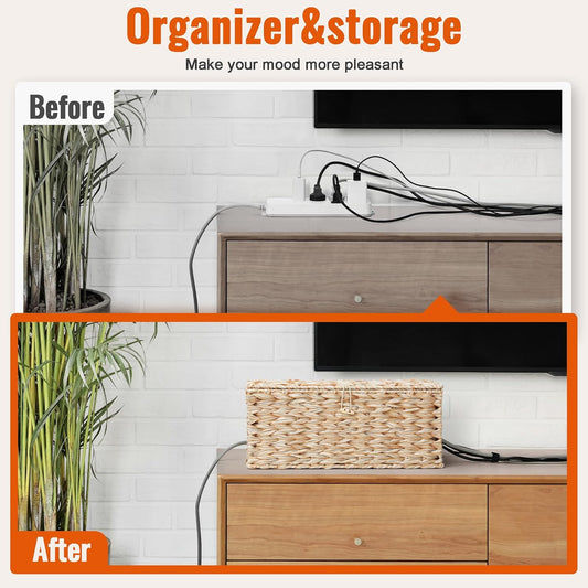 Posprica Cable Management Box with Lid, 2 Pack Handwoven Faux Ratten Cord Hider Organizer Boxes, 2 Side Open Slots Storage Box to Hide Cords and Power Strip for Desk, Floor, Office