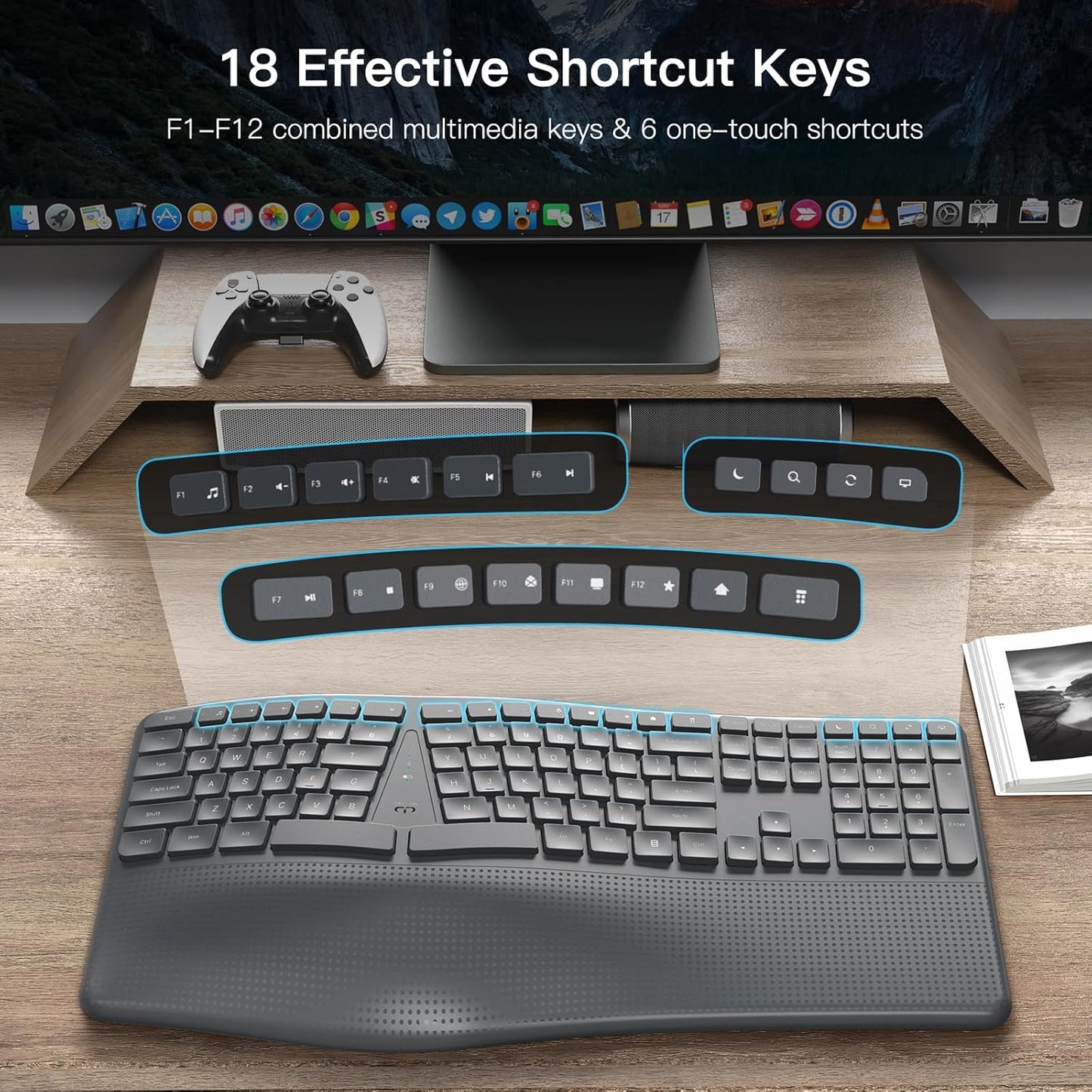 Ergonomic Wireless Keyboard with Wrist Rest, 2.4G Full Size Split Ergo Keyboard with Wave Keys, Comfortable Natural Typing for Windows Computer Desktop Laptop