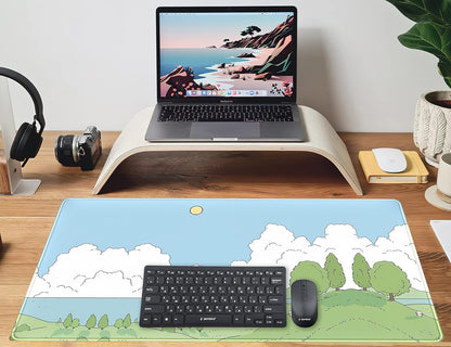 Cute Anime Desk Mat Kawaii Mousepad, Anime Street Aesthetics Desk Pad XXL, Japanese/Korean Lo-fi Drawing, Cute Green Blue Nature Mouse Pad Computer Keyboard Mat, Office Desk Pad Protector
