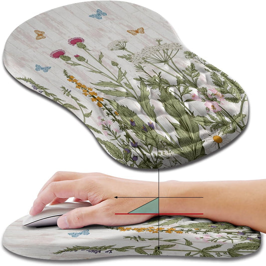 Hokafenle Ergonomic Mouse Pad Wrist Support, Wrist Rest Mousepad for Carpal Tunnel Pain Relief with Integrated Memory Foam Slope Massage Bulge (11.8x7.9 inch,Garden Flowers
