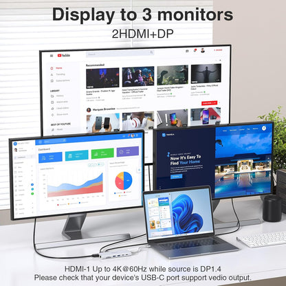 USB C Hub USB-C Docking Station Dual Monitor 14 in 1 Triple Display Multiport Adapter with 2 HDMI+DP+7 USB Type C/A Ports+Ethernet+Audio, USBC Dongle for Dell/HP/Lenovo ThinkPad/Surface(Sliver)