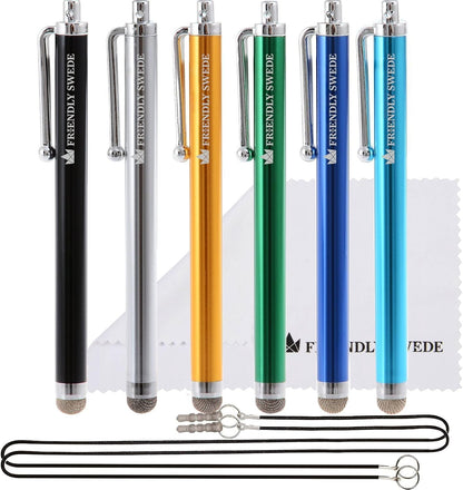 The Friendly Swede Micro-Knit Stylus Pen for Touchscreen — 6-Pack Hybrid Fiber Tip Universal Capacitive Stylus Pen for iPad; Lanyards & Cleaning Cloth - Silver/Aqua Blue/Green/Dark Blue/Yellow/Black