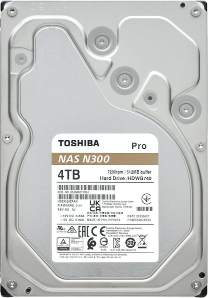 Toshiba N300 PRO 4TB Large-Sized Business NAS (up to 24 Bays) 3.5-Inch Internal Hard Drive - Up to 300 TB/Year Workload Rate CMR SATA 6 GB/s 7200 RPM 512 MB Cache - HDWG740XZSTD
