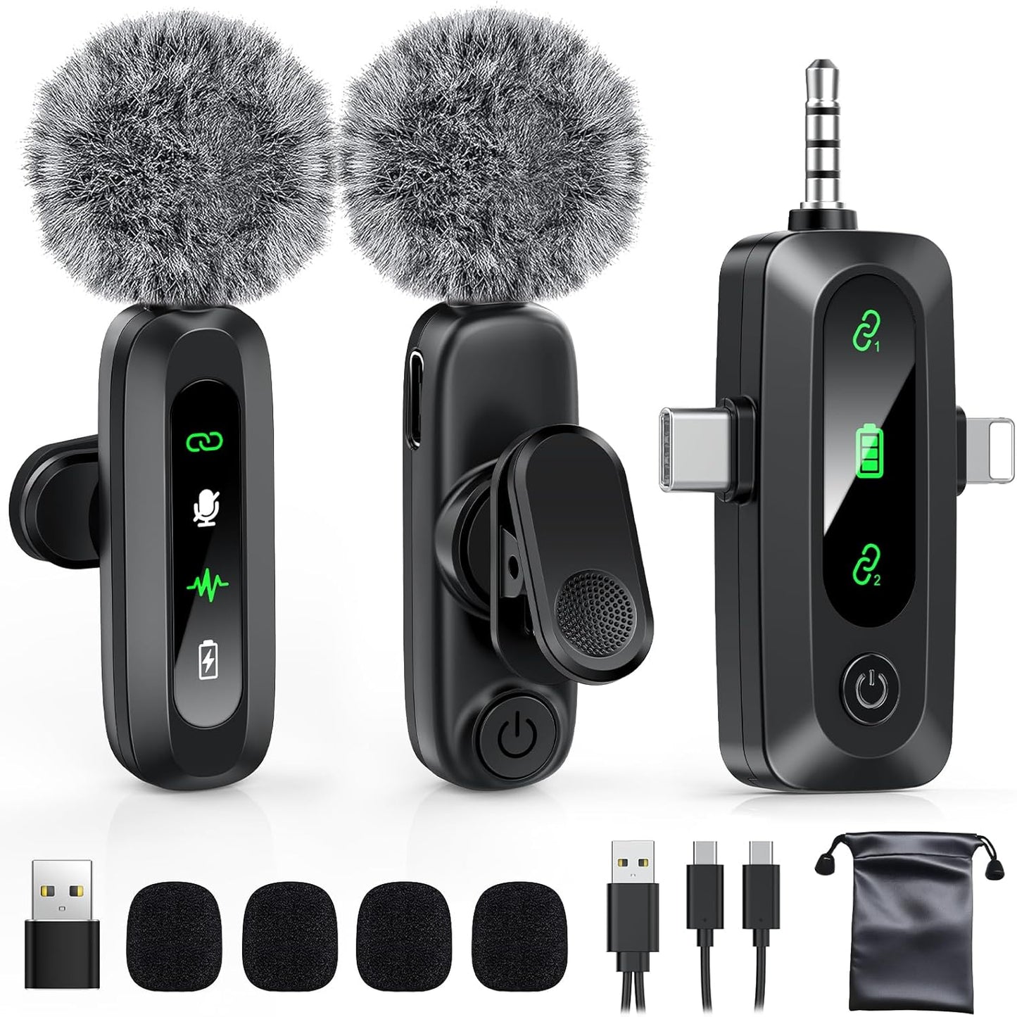 Wireless Lavalier Microphone for iPhone, Android, USB C, PC, Camera Video Recording 4 in 1 Clip-on Mics with Rotatable Clip&Denoise Recording, for Vlog Tiktok YouTube Podcast Content Creator