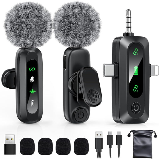 Wireless Lavalier Microphone for iPhone, Android, USB C, PC, Camera Video Recording 4 in 1 Clip-on Mics with Rotatable Clip&Denoise Recording, for Vlog Tiktok YouTube Podcast Content Creator