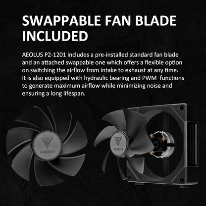 GAMDIAS 120mm ARGB PWM Case Fan, 2 Blades in 1 Fan Pack (Standard & Reverse Blades), Sync with RGB Motherboards, Easy Installation & Cable Management w/Cabless Daisy Chain Design