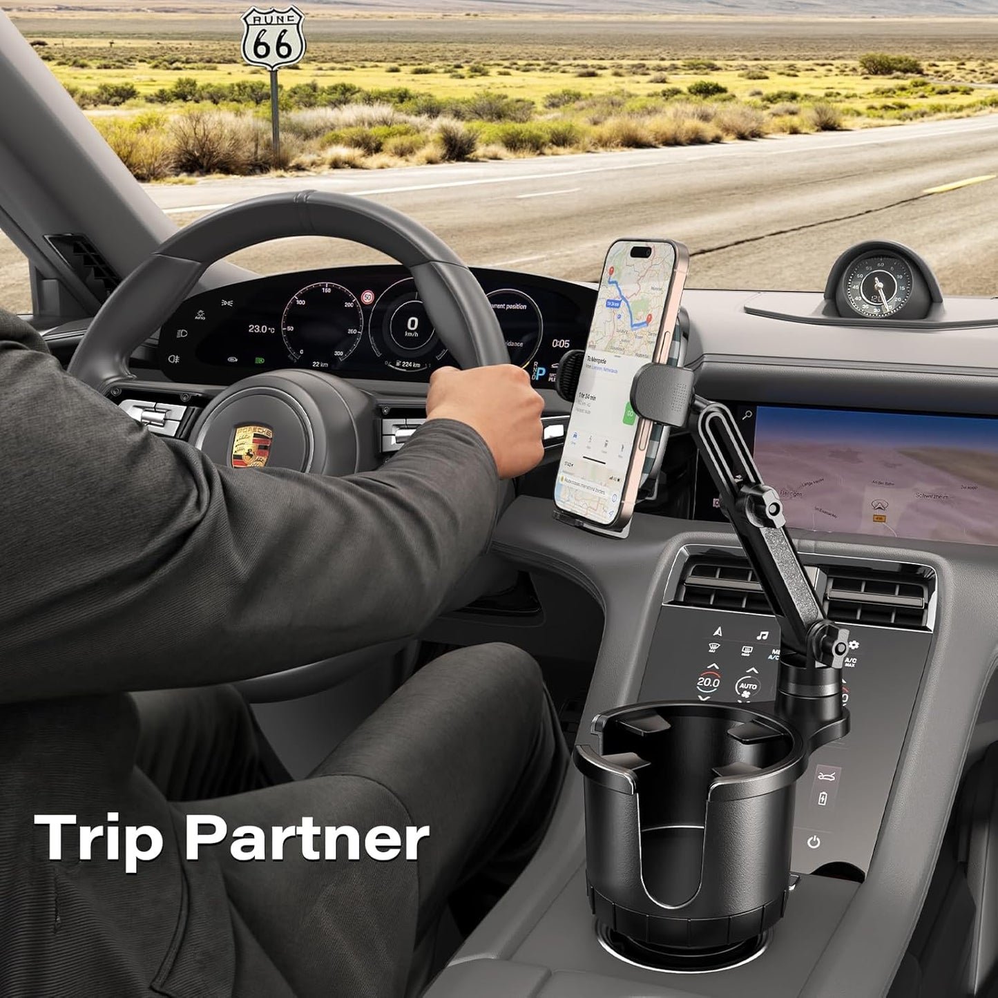 APPS2Car 2-in-1 Cup Phone Holder Mount for Car – Adjustable Arm & Base, 360° Rotatable Cradle – Holds 18–40oz Bottles & Smartphones – for Cars, SUVs, Trucks