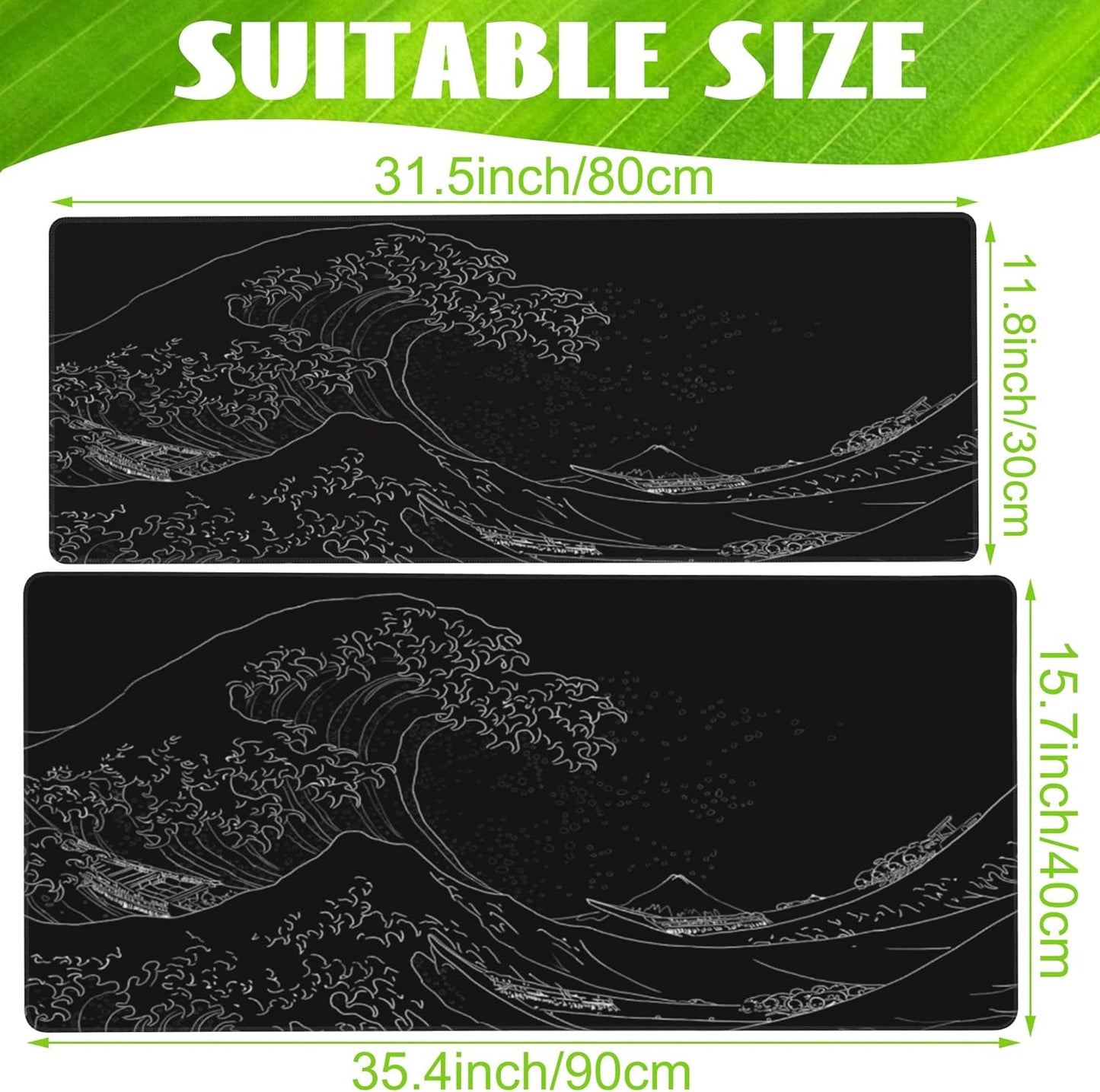 Desk Mat,Black Japanese Sea Wave Desk Pad,Japanese Sea Wave Large Gaming Mouse Pad for Desk,Extended Big Computer Keyboard Mouse Pad with Non-Slip Base and Stitched Edge,31.5"x11.8"