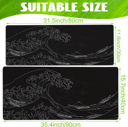 Desk Mat, Black Japanese Sea Wave Desk Pad, Extended Big Computer Keyboard Mouse Pad with Non-Slip Base and Stitched Edge, 35.4"x15.7"