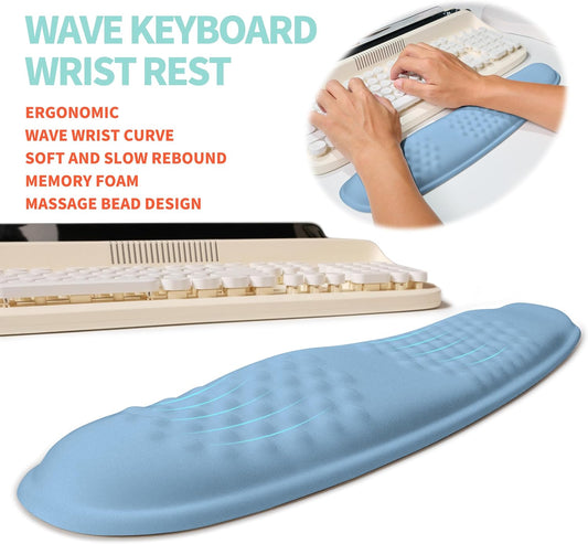 2-in-1 Ergonomic Set, Wave Rise Keyboard Wrist Rest and Massage Bulge Slope Mouse Pad Wrist Support, Cushion Memory Foam Integrated to Relieve Wrist Pain, Lake Blue