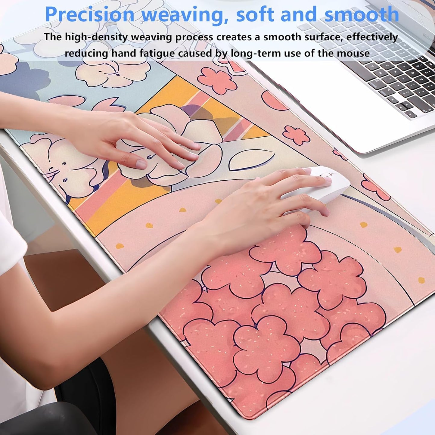 Pink Floral Mouse Pad XXL Cute Anime Gaming Desk Mat 31.5"x15.7", Thickened Rubber Base, Stitched Edge & Washable Design for Women, Office, Home