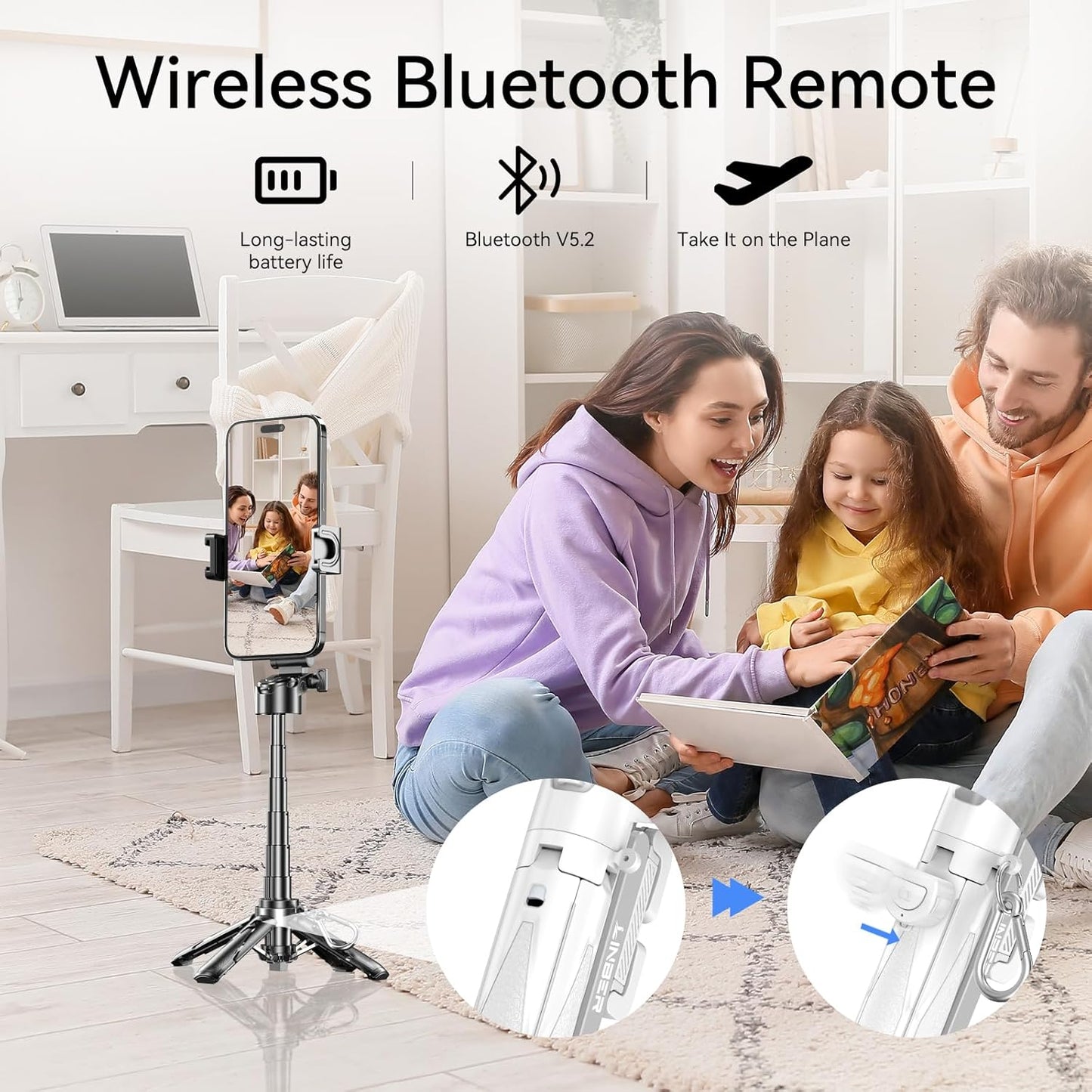 Portable Selfie Stick Tripod with Remote, 3-in-1 Pocket Size Phone Tripod Grip with 2 Cold Shoes, Mini Selfie Stick for iPhone Android, Phone Holder for Vlog, Livestreaming, Photography