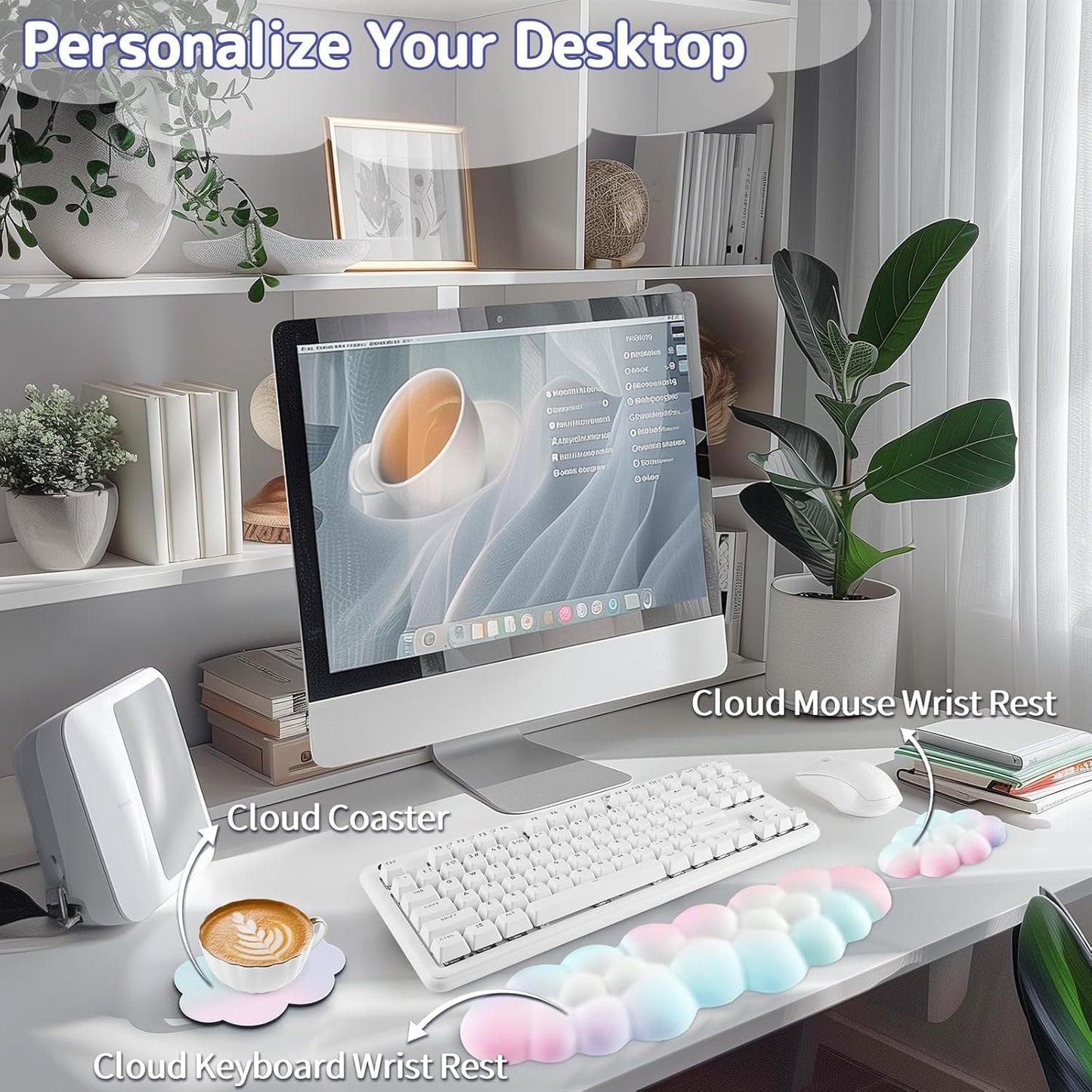 Cloud Wrist Rest Keyboard, Cloud Keyboard Wrist Pad Set with PU Leather Memory Foam, Cute Arm Rest for Palm Support, PC/Gaming Desk Accessories/Office Setup/Computer Hand Cushion - Rainbow