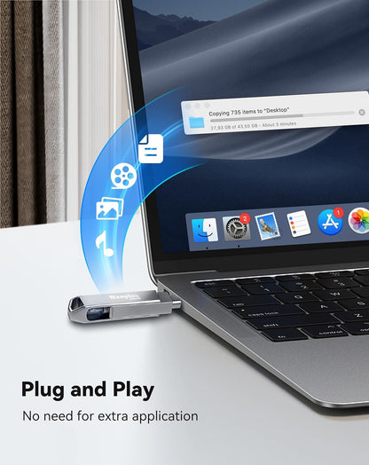 256GB Flash Drive for iPhone iPad, USB3.0 High-Speed Memory Stick No App Needed, Lightening & USB-C External Memory Storage for Photos Videos, Picture Backup Thumb Drive Plug & Play (Silver)