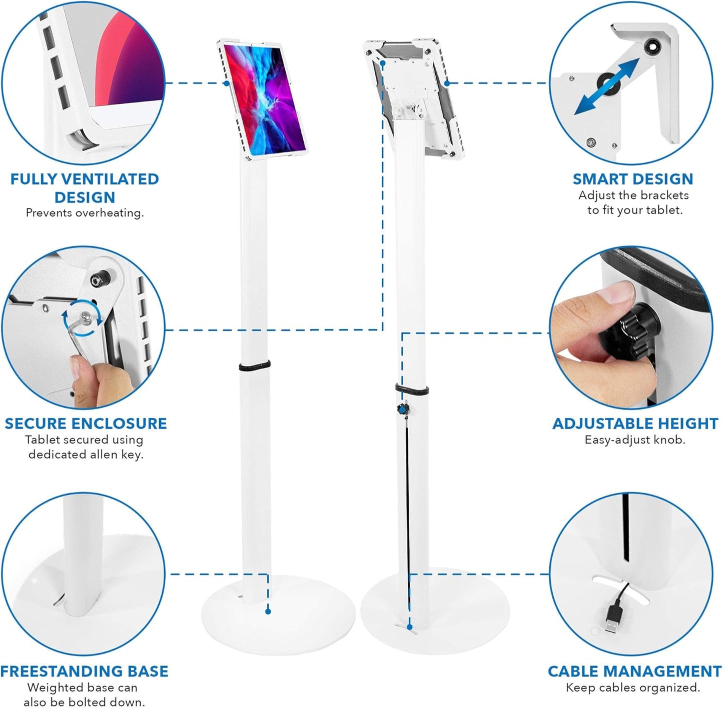 Mount-It! Universal Tablet Floor Kiosk | Theft-Deterrent Tablet Stand | Adjustable Kiosk Floor Mount for iPad, Galaxy & Surface Tablets (White)
