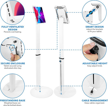 Mount-It! Universal Tablet Floor Kiosk | Theft-Deterrent Tablet Stand | Adjustable Kiosk Floor Mount for iPad, Galaxy & Surface Tablets (White)