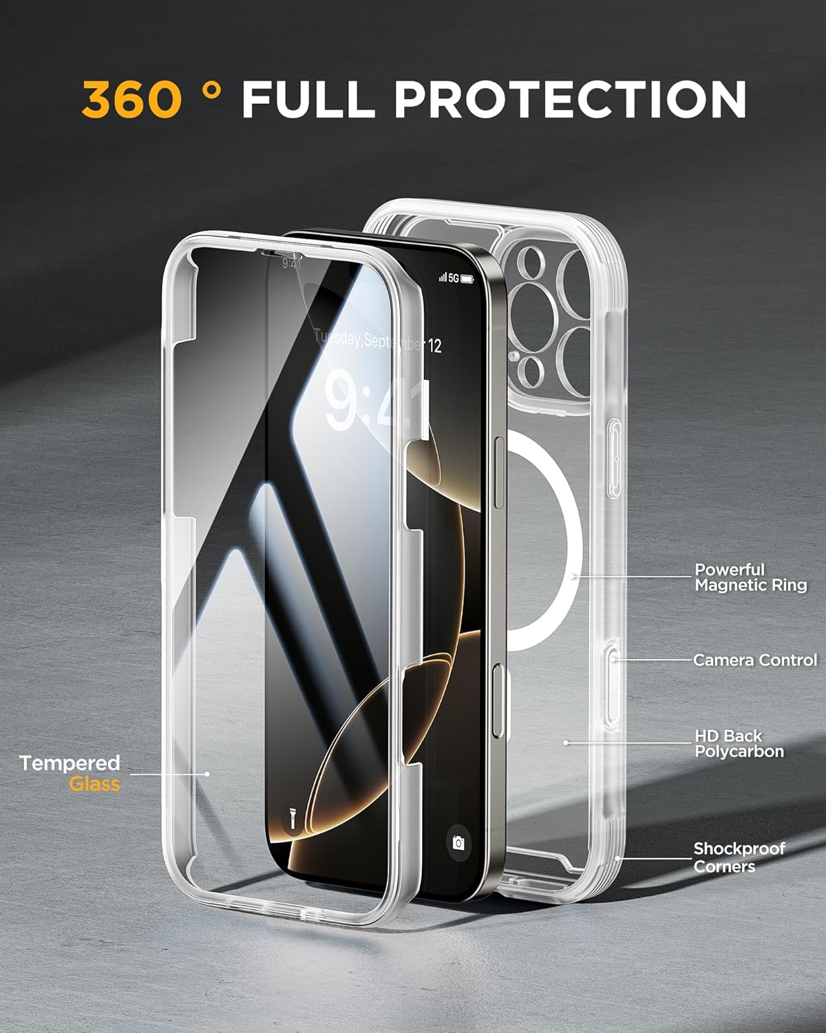 Miracase Magnetic for iPhone 16 Pro Case Full-Body Phone with Built-in Glass Screen Protector, [Compatible with MagSafe] Military Drop Proof 16 Pro Cover Bumper 6.3 inch, Matte Clear