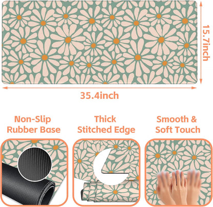 Mouse Pad Large Boho with Daisy Flowers Non-Slip Gaming Desk Mat with Stitched Edge Laptop Keyboard Desk Pad for Work Home Gaming (35.4 x 15.7 Inches)