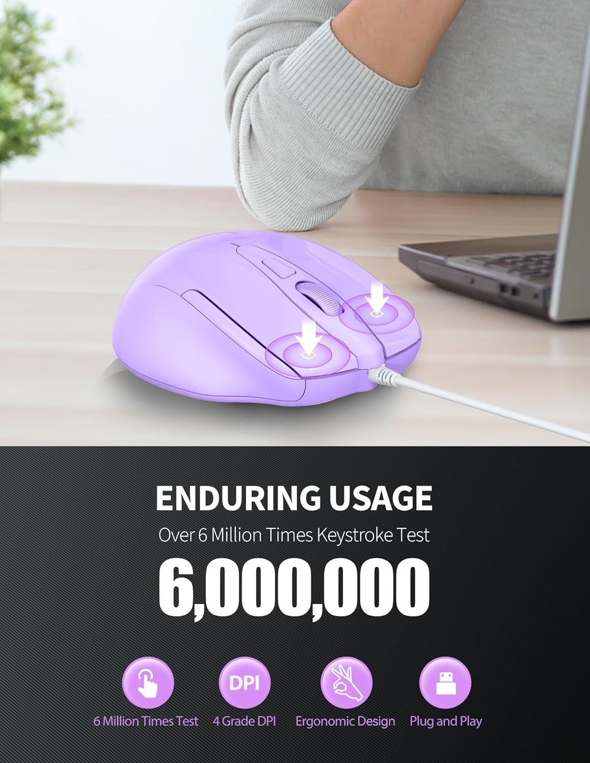 TECKNET Wired Mouse, 6-Button Corded with 4 Adjustable DPI, Optical Ergonomic Design, 5FT Cord for Laptop, Chromebook, PC, Desktop, Mac, Notebook - LT.Purple