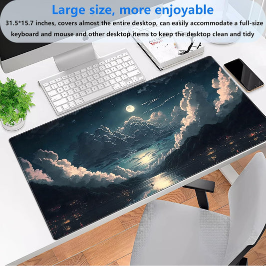 Anime Aesthetics Desk Mat Cloud Mouse Pad Gaming MousePad XXL Computer Mat Full Desk Mouse and Keyboard Pad Full Moon Mouse Mat with Stitched Edge Anti-slip Washable for Office and Home 31.5 x 15.7 In