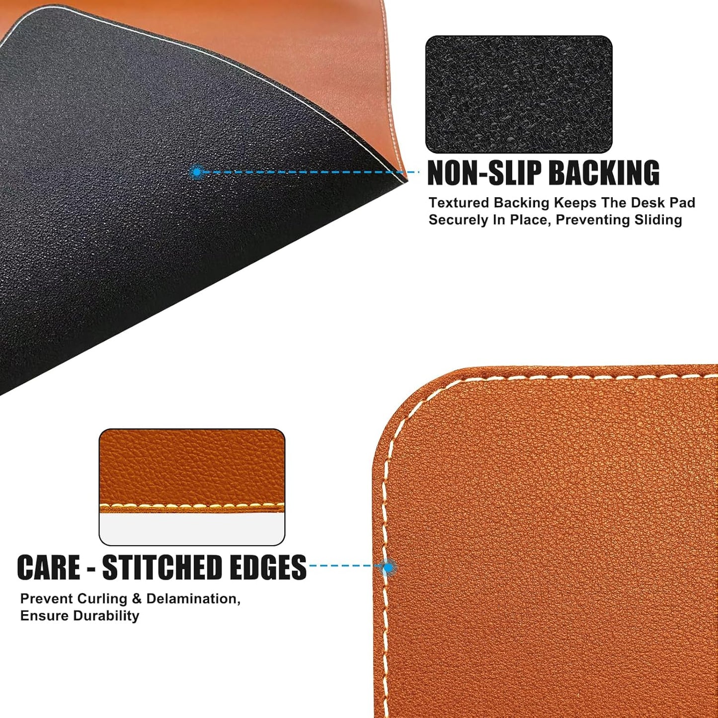 Desk Mat with Lip & Reinforced Stitched Edge|Non-Slip Waterproof PU Leather Desk Pad|Ergonomic Keyboard Mouse Pad with Edge Protector|for Office, Home, Study(23.6" x 16.5",Brown)