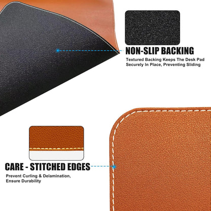 Desk Mat with Lip & Reinforced Stitched Edge|Non-Slip Waterproof PU Leather Desk Pad|Ergonomic Keyboard Mouse Pad with Edge Protector|for Office, Home, Study(23.6" x 16.5",Brown)