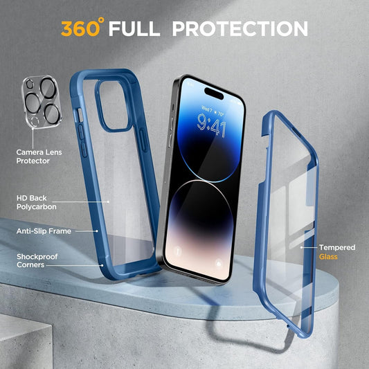 Miracase Glass Series Designed for iPhone 14 Pro Max Case 6.7 Inch, Upgrade Full-Body Bumper Case with Built-in 9H Tempered Glass Screen Protector, with Camera Lens Protector, Capri Blue