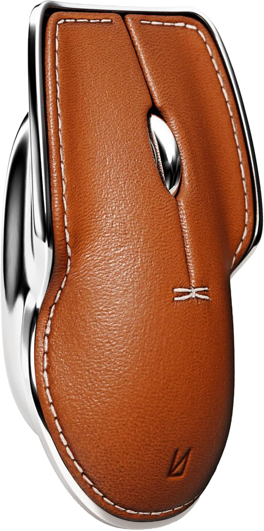 LUNAR ARTEFACTS Ambidextrous Rechargeable Bluetooth Wireless Computer Mouse Brown French Leather and Aluminum, Qi Enabled USB-C