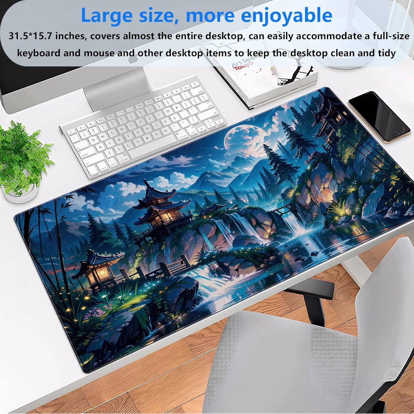 Cloud and Moon Forest Design Extra-Large Gaming Desk Mat XL Extended Keyboard and Mouse Pad for Computer, Laptop, Desktop - 31.5'' x 15.7'' Desk Decor
