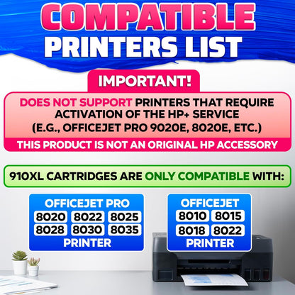 910XL Printer Ink Cartridges 4 Pcs – Includes 910XL Black & Color Ink – Compatible with HP 8020, 8025, 8028, 8030, 8035, 8010, 8015, 8018, 8022 – Quality Prints – Easy Installation