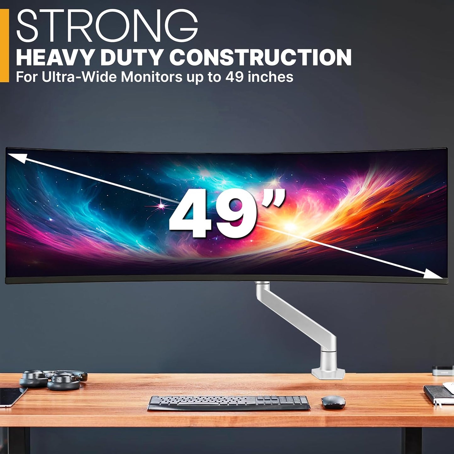 Premium Height Adjustable Single Monitor Arm Stand: Desk/Grommet Mount, Gas Spring Lift, VESA 75x75 or 100x100mm, Flat Curved Ultrawide Computer Screens up to 49in and 44lbs, Silver
