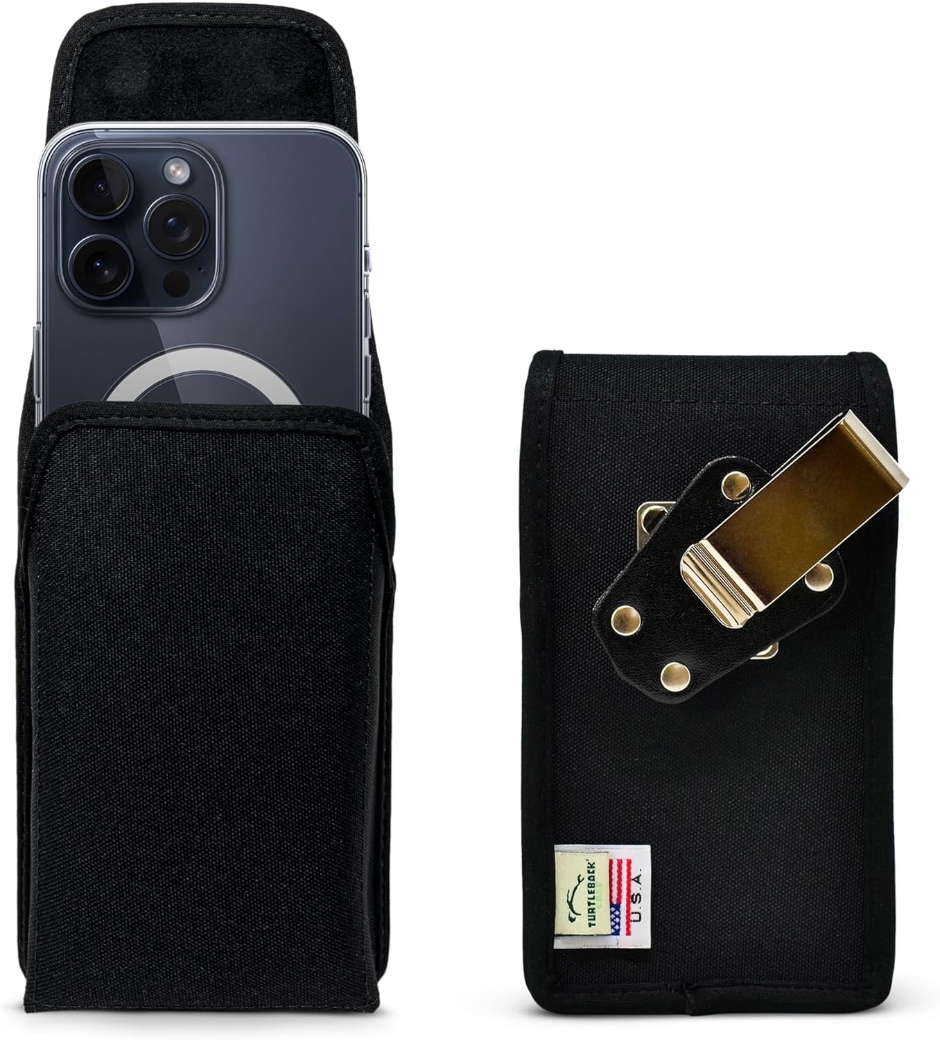 Turtleback Belt Clip for iPhone 16 Pro Max, 15 Pro Max, 14 Pro Max -Small- Fits w/Slim MagSafe Style Cases, Premium Black Nylon, Vertical Belt Holder, Magnetic Closure, HD Rotating Belt Clip