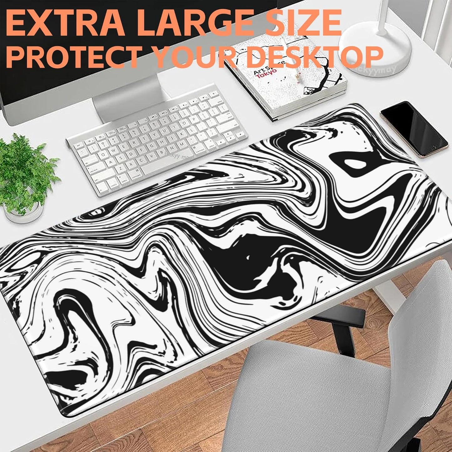 Mouse Pad Large Black and White Fluid Non-Slip Gaming Desk Mat with Stitched Edge Laptop Keyboard Desk Pad for Work Home Gaming (35.4 x 15.7 Inches)