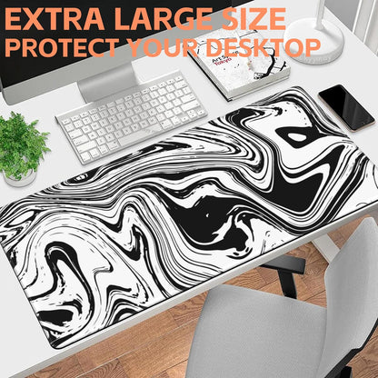 Mouse Pad Large Black and White Fluid Non-Slip Gaming Desk Mat with Stitched Edge Laptop Keyboard Desk Pad for Work Home Gaming (35.4 x 15.7 Inches)