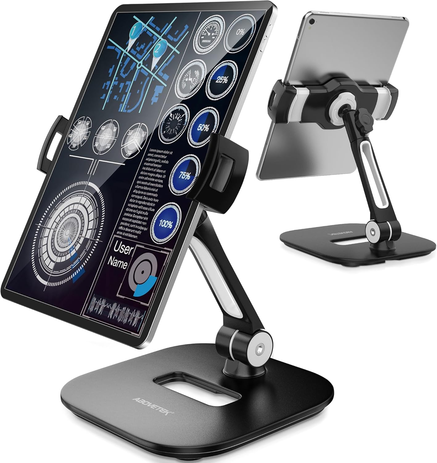 AboveTEK Tablet Stand Holder, Stylish Aluminum iPad Stands, Foldable 360° Swivel Table Stand Holder fits 4-11" Tablets/Smartphones for Kitchen Bedside Office POS Showroom Reception (Black)