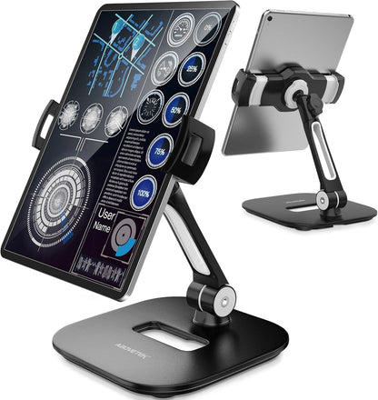 AboveTEK Tablet Stand Holder, Stylish Aluminum iPad Stands, Foldable 360° Swivel Table Stand Holder fits 4-11" Tablets/Smartphones for Kitchen Bedside Office POS Showroom Reception (Black)