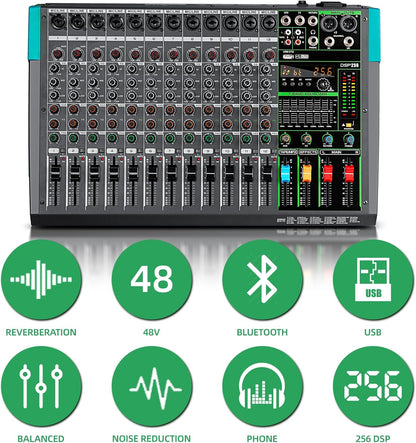Depusheng PA12 Professional Audio Mixer Sound Board Console Desk System Interface 12 Channel Digital USB Bluetooth MP3 Computer Input 48V Phantom Power Built-in 256 Reverb Effect, Black