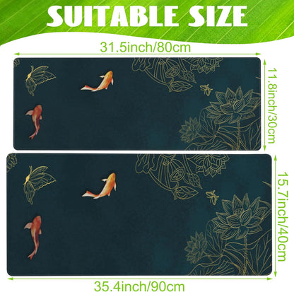 Large Gaming Mouse Pad, Koi Fish Ink Painting Desk Mat, Golden Line Lotus Desk Pad, Extended Big Computer Keyboard Mouse Pad with Non-Slip Base and Stitched Edge, 31.5"x11.8"