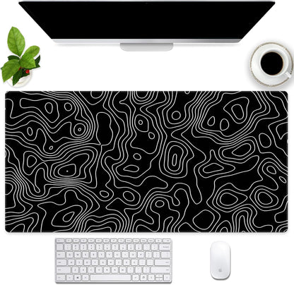 Black and White Topographic Map Gaming Mouse Pad - XXL Extended Desk Mat for Keyboard & Mouse (31.5" x 15.7") with Non-Slip Base & Stitched Edges - Washable Surface for Computer or Gaming Desk
